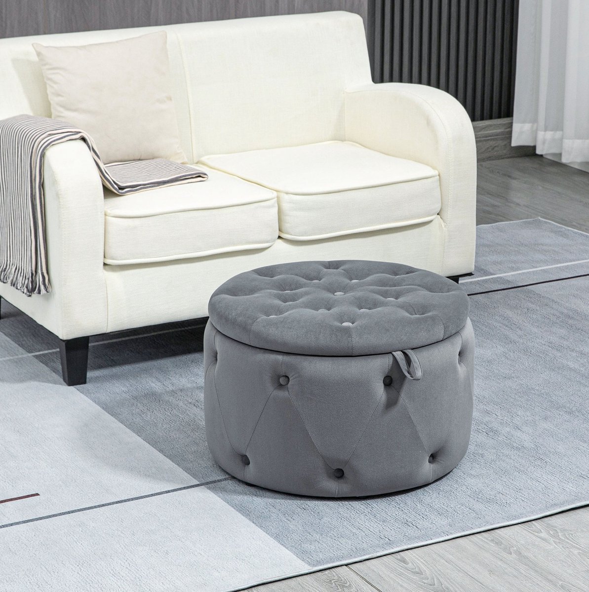 MEUNIQ opberghocker rond Ø60 x 40 cm met verborgen opbergruimte, gestoffeerde zitting, grijs, voor woonkamer en slaapkamer