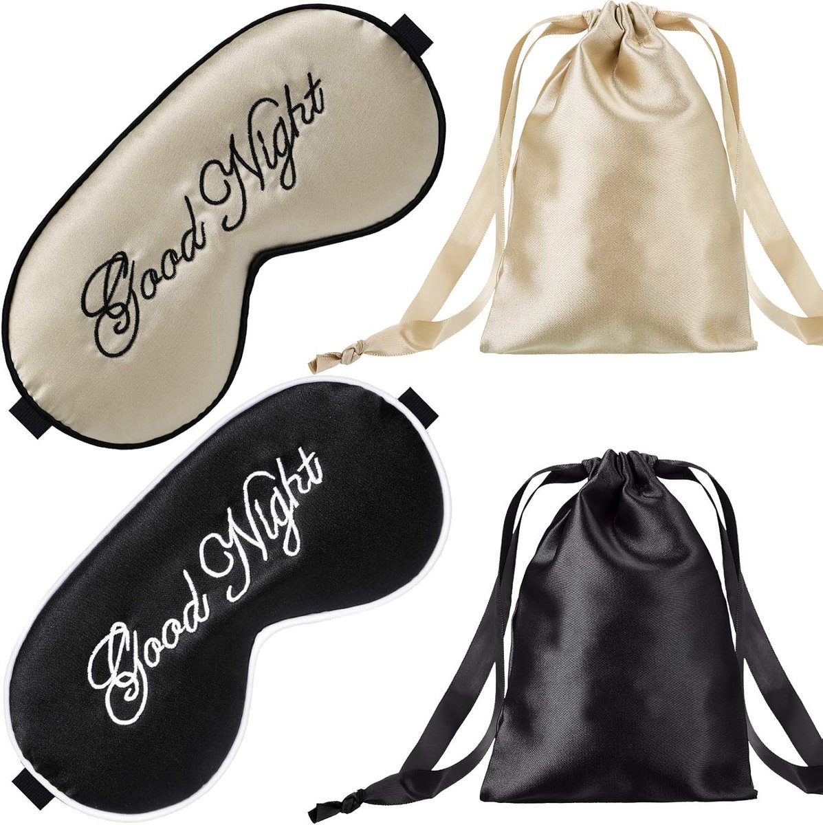 Thijox - 2 stuks zijden slaapmasker, verstelbare oogbedekking, satijnen oogschaduw, zwart en beige, ideaal voor slapen, reizen, meditatie en ontspanni
