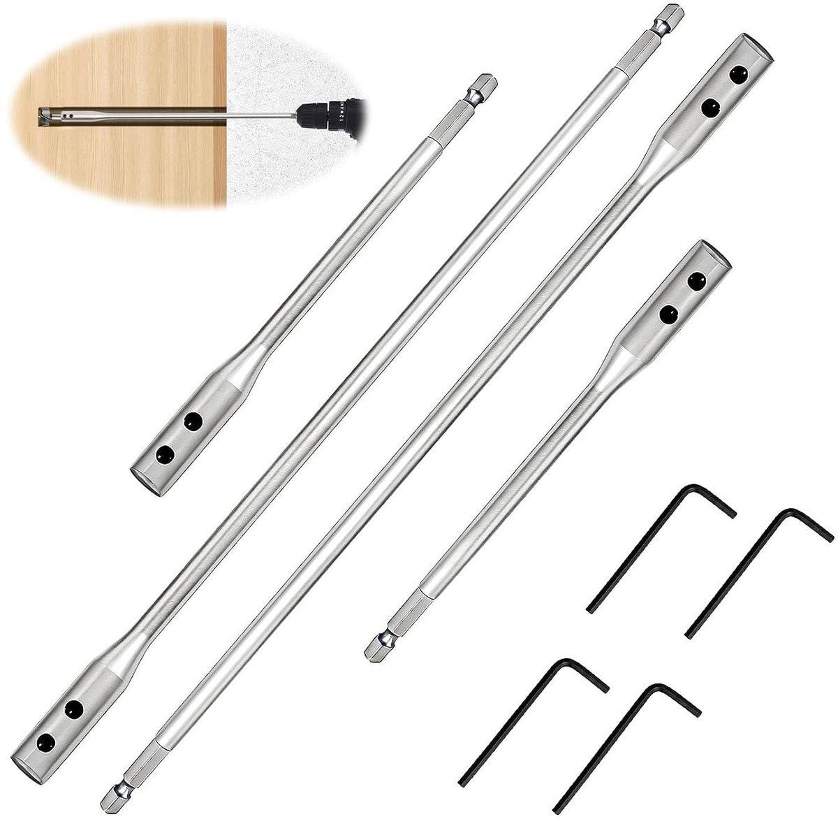 Set van 4 Bitverlengstukken 1/4 Inch Schacht van Koolstofstaal voor Diepe Freesgaten en Doorvoeren, Inclusief Inbussleutel en Universele Bithouders