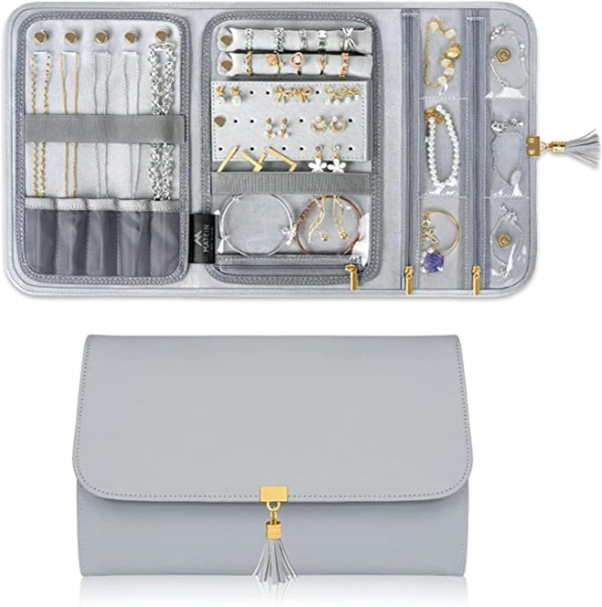 Thijox - Draagbare Sieradenrol-Organizer voor Ringen, Oorbellen, Halskettingen, Armbanden - Licht, Opvouwbaar, Grijs - Perfect voor Reizen en Dagelijk
