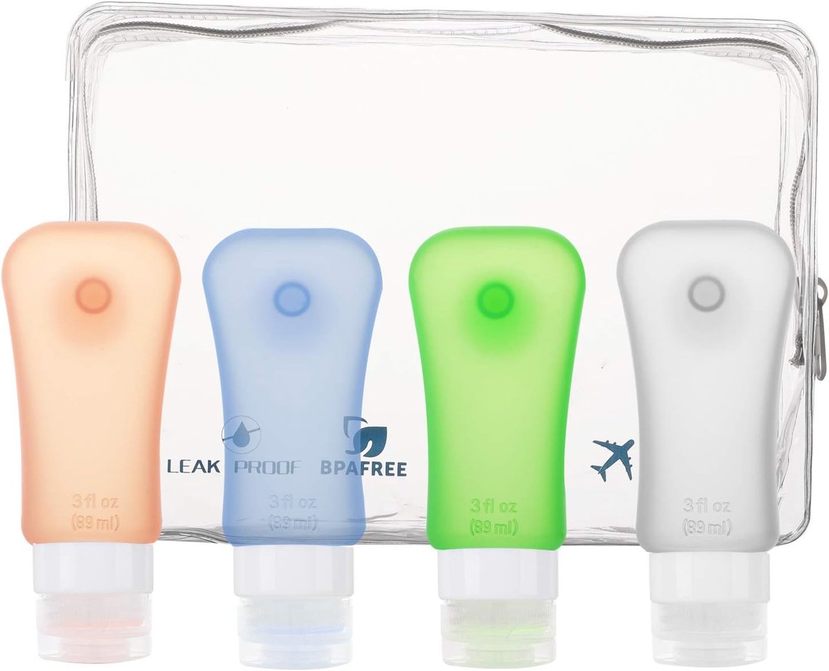 Thijox - Reisflessenset 4 Stuks Siliconen Lekvrije Reiscontainers, BPA-vrij, 89 ml, Navulbare Flessen voor Shampoo, Cosmetica, Handbagage Goedgekeurd