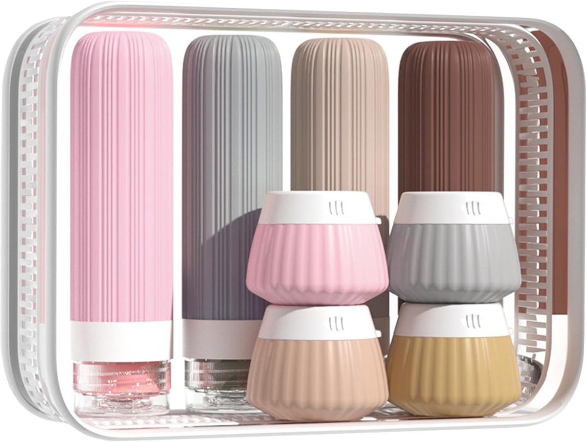 Thijox - 8-delige siliconen reisset, herbruikbare reisflessen voor vloeistoffen, cosmeticakoffer, toilettas voor huidverzorging, accessoires voor badk