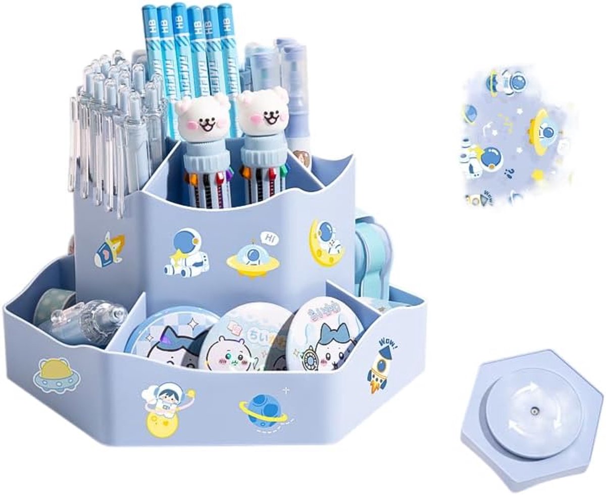 Thijox - 360 Graden Draaibare Pennenhouder - Bureau-Organizer met 9 Vakken - Draaibare Pennenorganizer met Cartoonstickers - Perfect voor Kantoorbenod