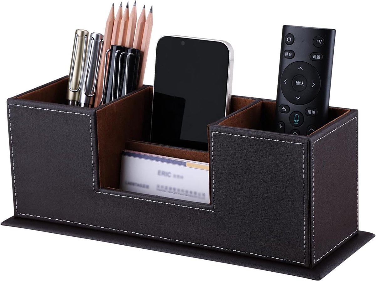 SnelShoppen - Multifunctionele Bureau-Organizer van Hout en Leer - Bruin - Desk Organizer voor Thuis, Kantoor, School - Creatieve Opbergruimte met Mee