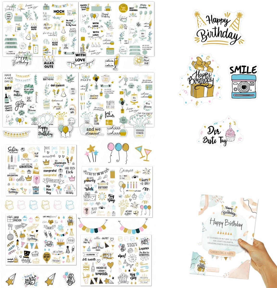 Dailygoods - 8 vellen verjaardagsstickers set meer dan 450 stickers grote stickers 22 x 29 cm creatieve decoratie voor gastenboek fotoalbum scrapbook verjaardag volwassenen feest gebruik