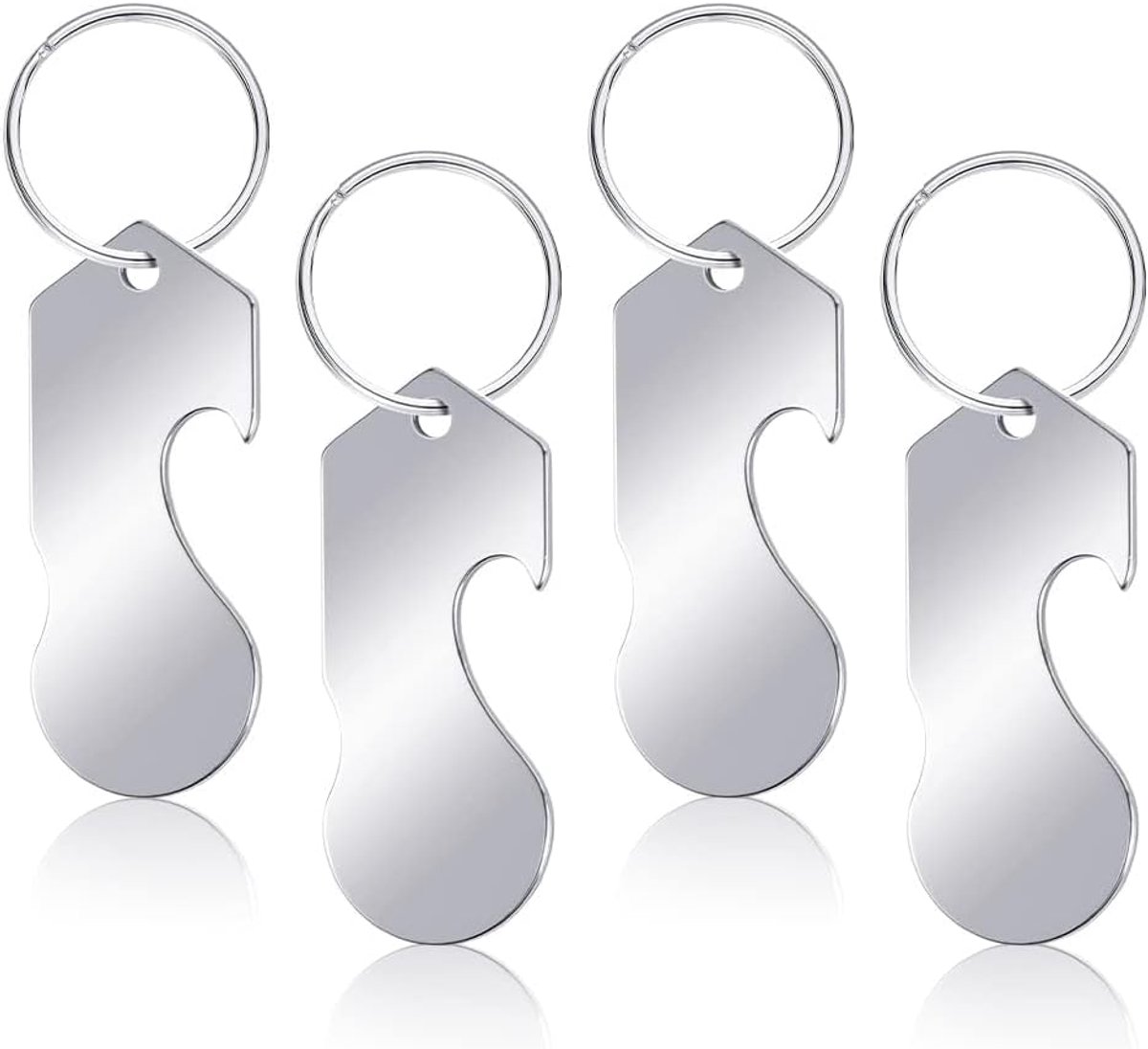 Thijox - 4 Stuks Shopping Chip Sleutelhanger Winkelwagen Verwijderaar met Flesopener Functie - Zilveren Sleutelhanger voor Winkelwagens, Praktisch en