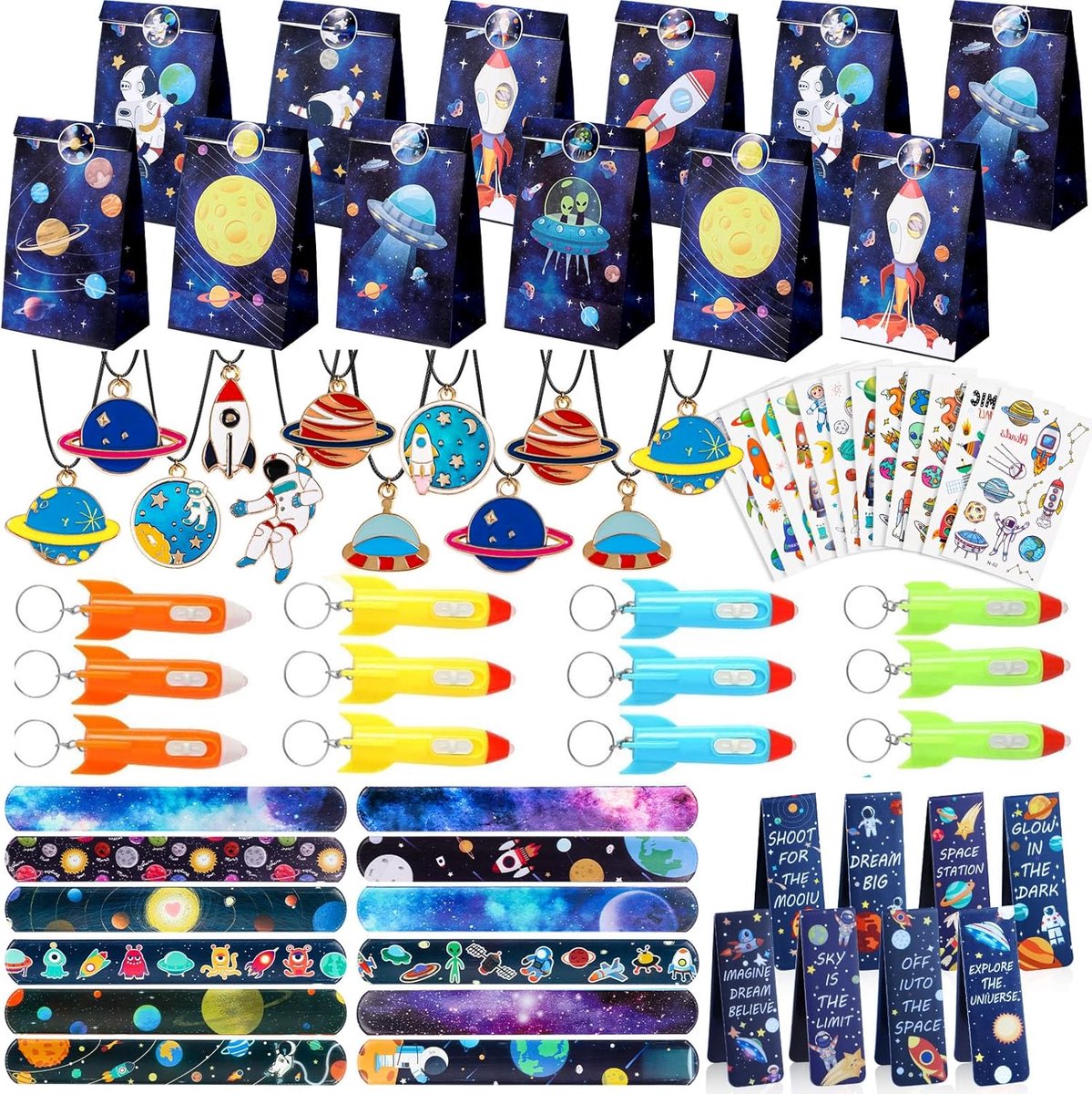 Thijox - 72 stuks Ruimtefeest Cadeaus, Kinderverjaardag, Gastgeschenken, Cadeauzakjes, Bladwijzers, Klikarmbanden, Raketten, Sleutelhangers, Planeten,