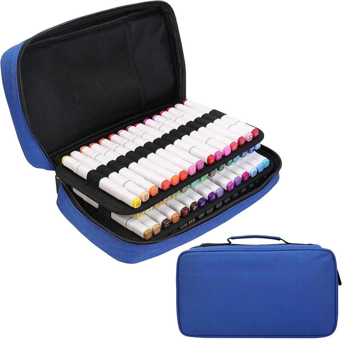 SnelShoppen - Opbergzak voor 60 Viltstiften, Grote Capaciteit, Georganiseerde Pennentas met Handvat, Blauw, Beauty Case voor Kinderen en Creatieve Hob