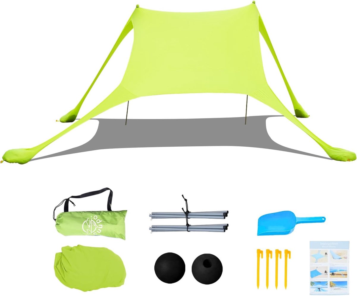 Thijox - Strandtent 2x2,1m Pop-up met SPF 50, Anti-Wind Zonwering, Draagbare Strandluifel met IJzeren Stabiliteitsstangen en Zandzakken voor Camping,