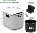Witte compostbak met afmetingen 26.7cm x 32cm x 30cm, met een uitneembare binnenvoering van 3.3L en een filter.