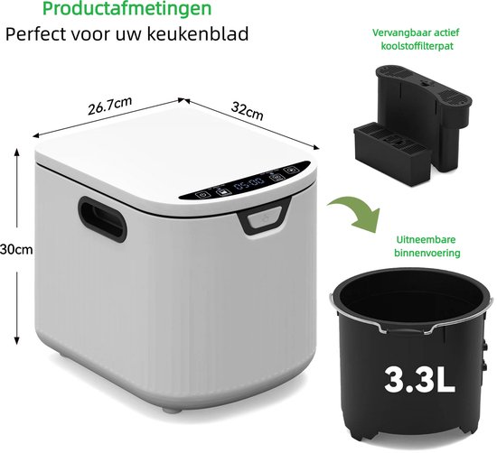 Witte compostbak met afmetingen 26.7cm x 32cm x 30cm, met een uitneembare binnenvoering van 3.3L en een filter.