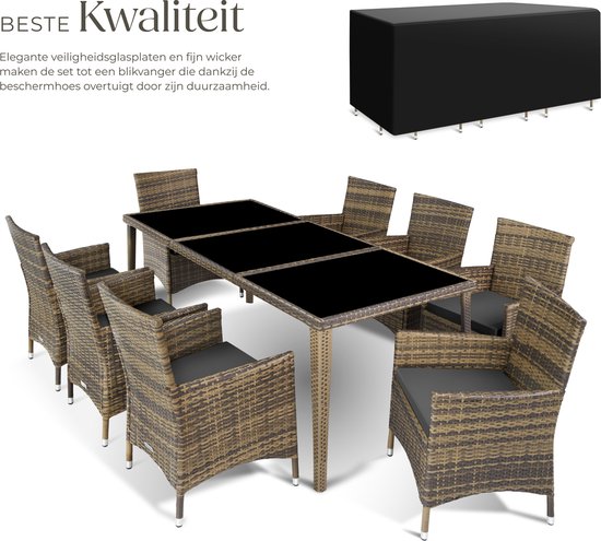 8-persoons wicker tuinset met tafel en glasplaten, inclusief beschermhoes.