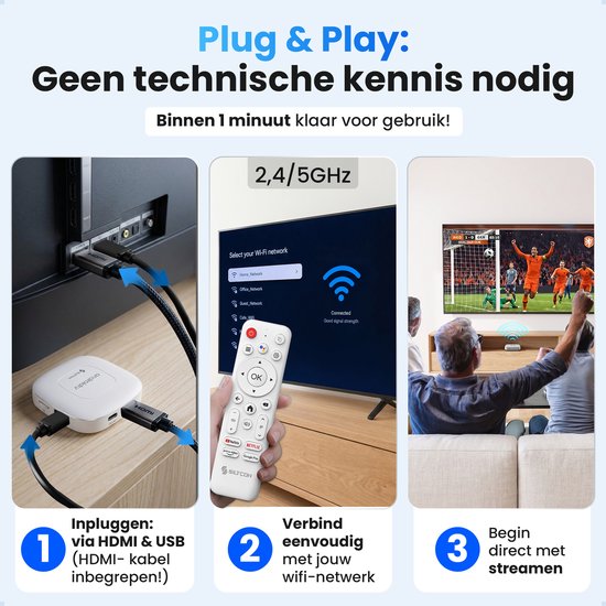 Stappenplan: sluit de Siltcon TV Box aan via HDMI en USB, verbind met wifi, en begin direct met streamen op je tv.