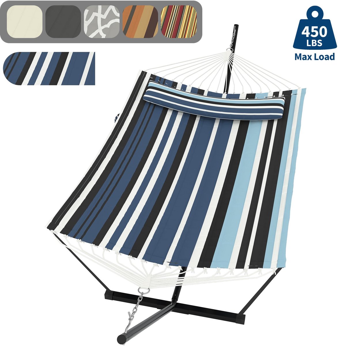 Hangmat Met Standaard - Schommelbed Binnen en Buiten - Afneembaar Kussen - 200kg Draagvermogen - Balans Touw - Voor Tuin Balkon Terras - Blauwe Strepen