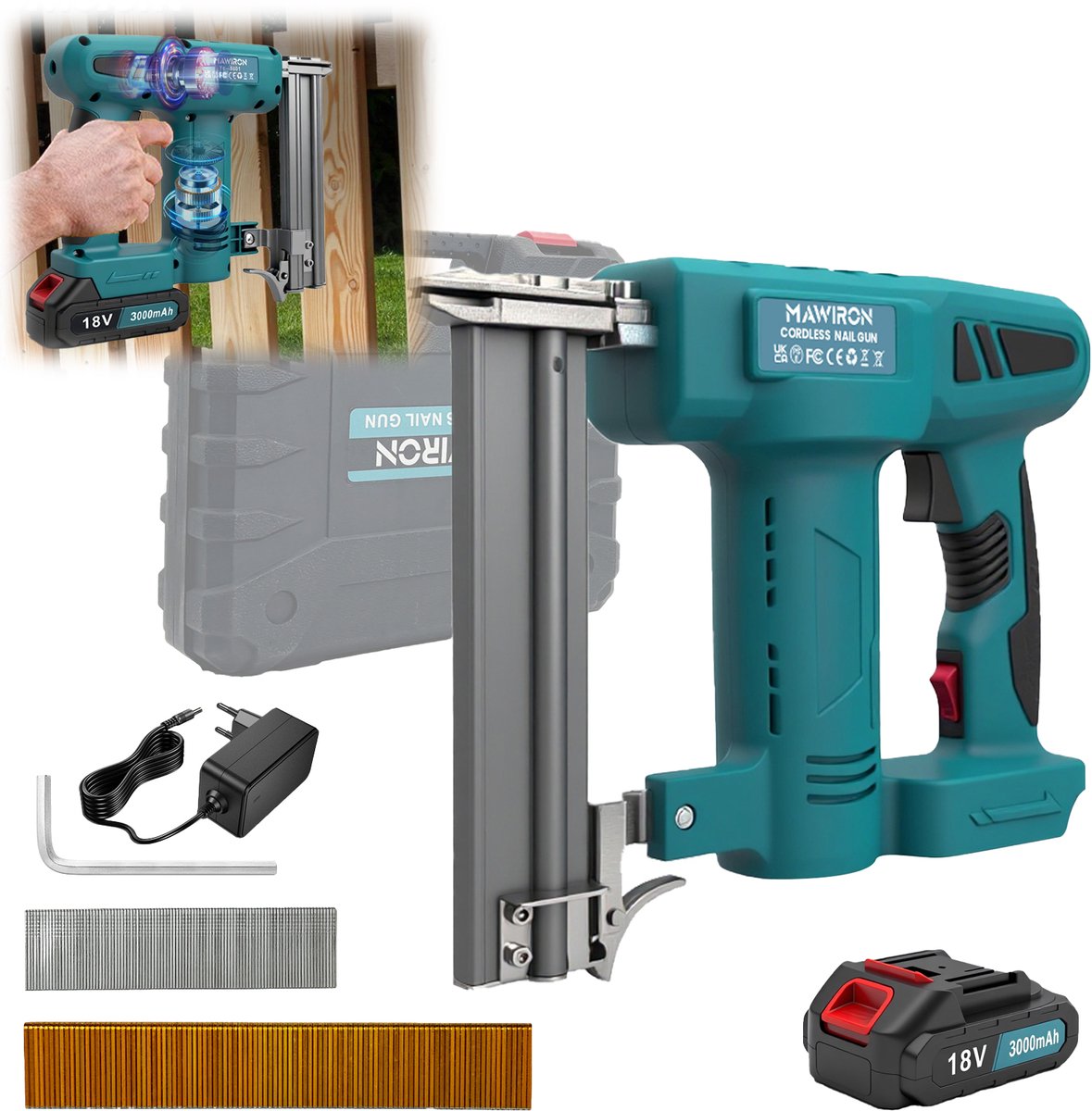 18V Draadloze accu‑spijkerpistool, inclusief 500 rechte spijkers en 500 U‑vormige nietjes, 3000mAh‑accu, EU‑oplader en kunststof opbergkoffer voor houtmontage
