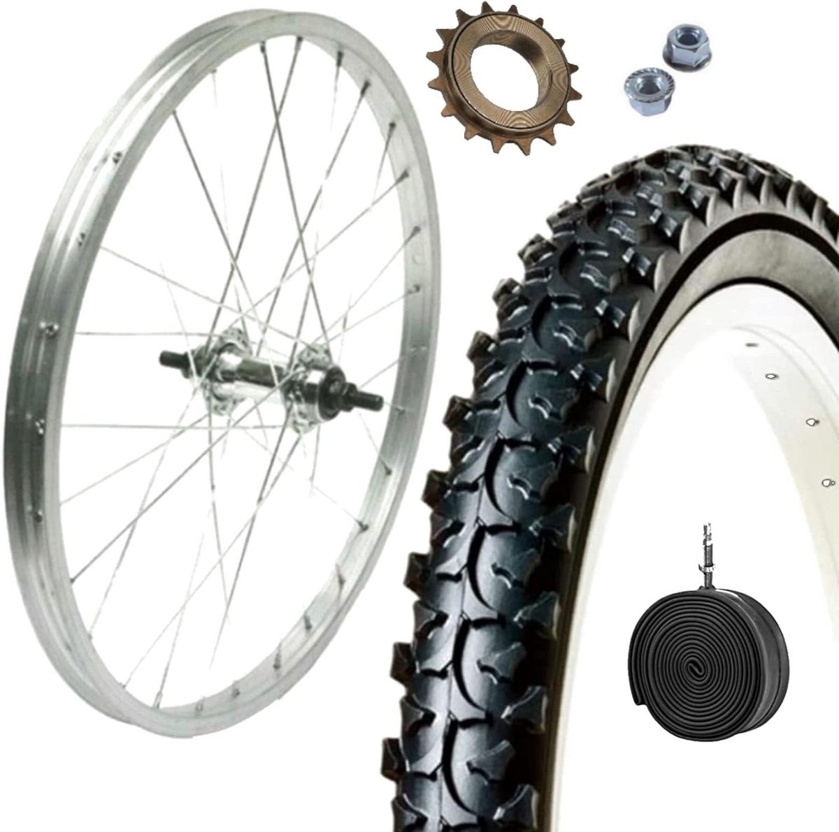 Achtervelg Fiets - Compleet Wiel - Mountainbiken Kinderen - Gemonteerd Tandwiel - 20 Inch - Zilver Grijs