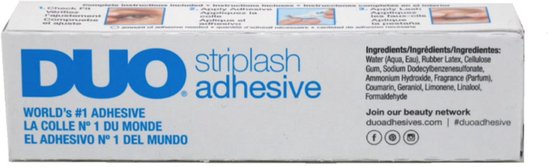 Duo Striplash Adhesive wimperlijm. Witte doos met blauwe letters, "WORLD'S #1 ADHESIVE".