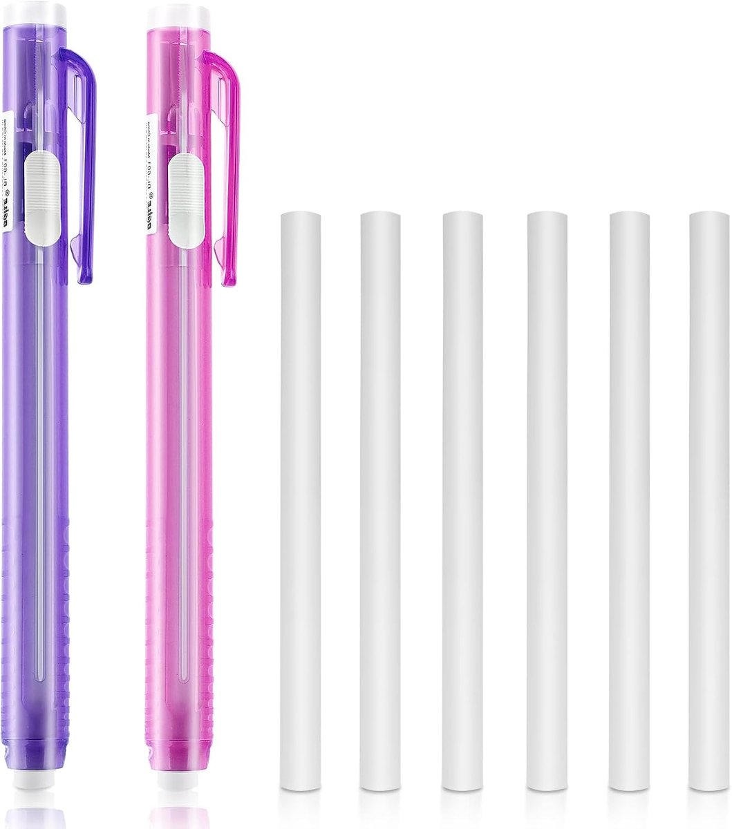 Thijox - Molain intrekbare pen stijl gum set 2 stuks met 6 vervangende vullingen, klik gummen voor school, kantoor, schilderen, schrijven (roze, paars