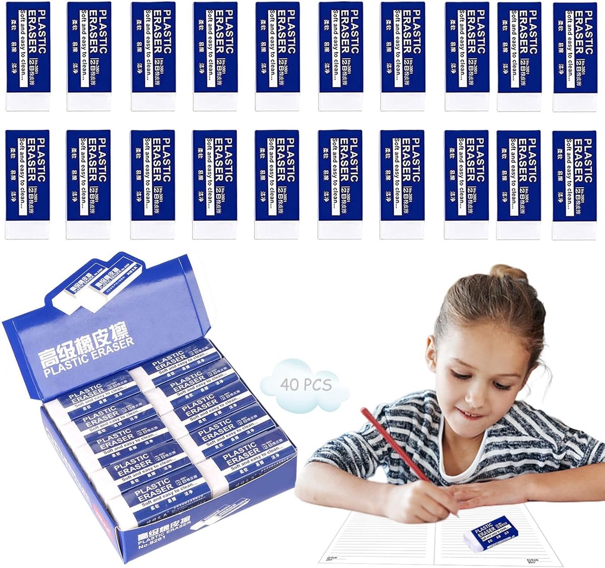 Thijox - Gum set 2B - Mini-gummen, Zachte Kindergum, 40 stuks Witte Rubber Gummen voor Potloden, Kleurpotloden, Schetsen en Schilderijen