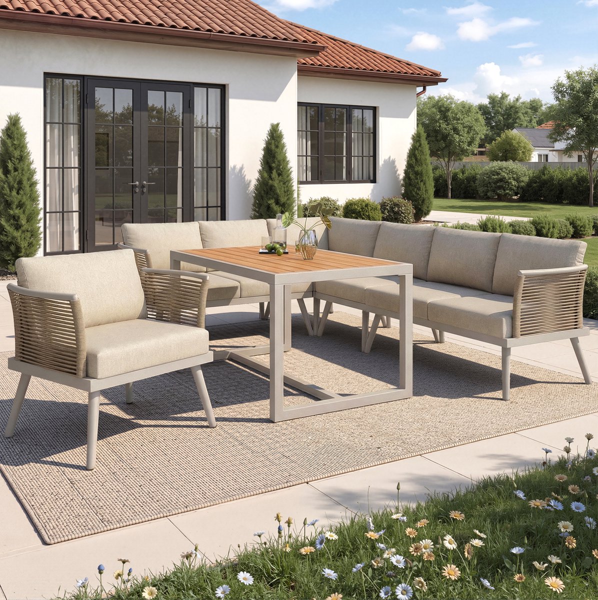 DESMIU Loungeset 237 x 181 cm - L-Vormige Hoek Loungeset Met Tafel En Kussens - Voor Tuin En Terras - IJzer En WPC - Beige