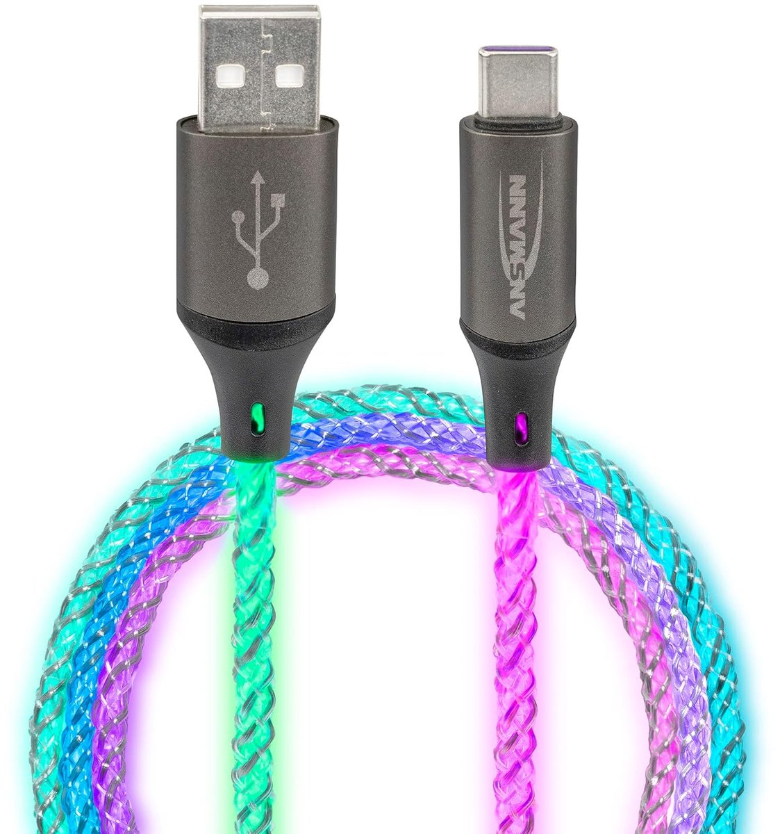 Thijox - Oplaadkabel 100 cm USB-A naar USB type C met LED-licht, pulserende kleurverandering, geen knipperen, ideaal voor gaming, slaapkamer, auto-int