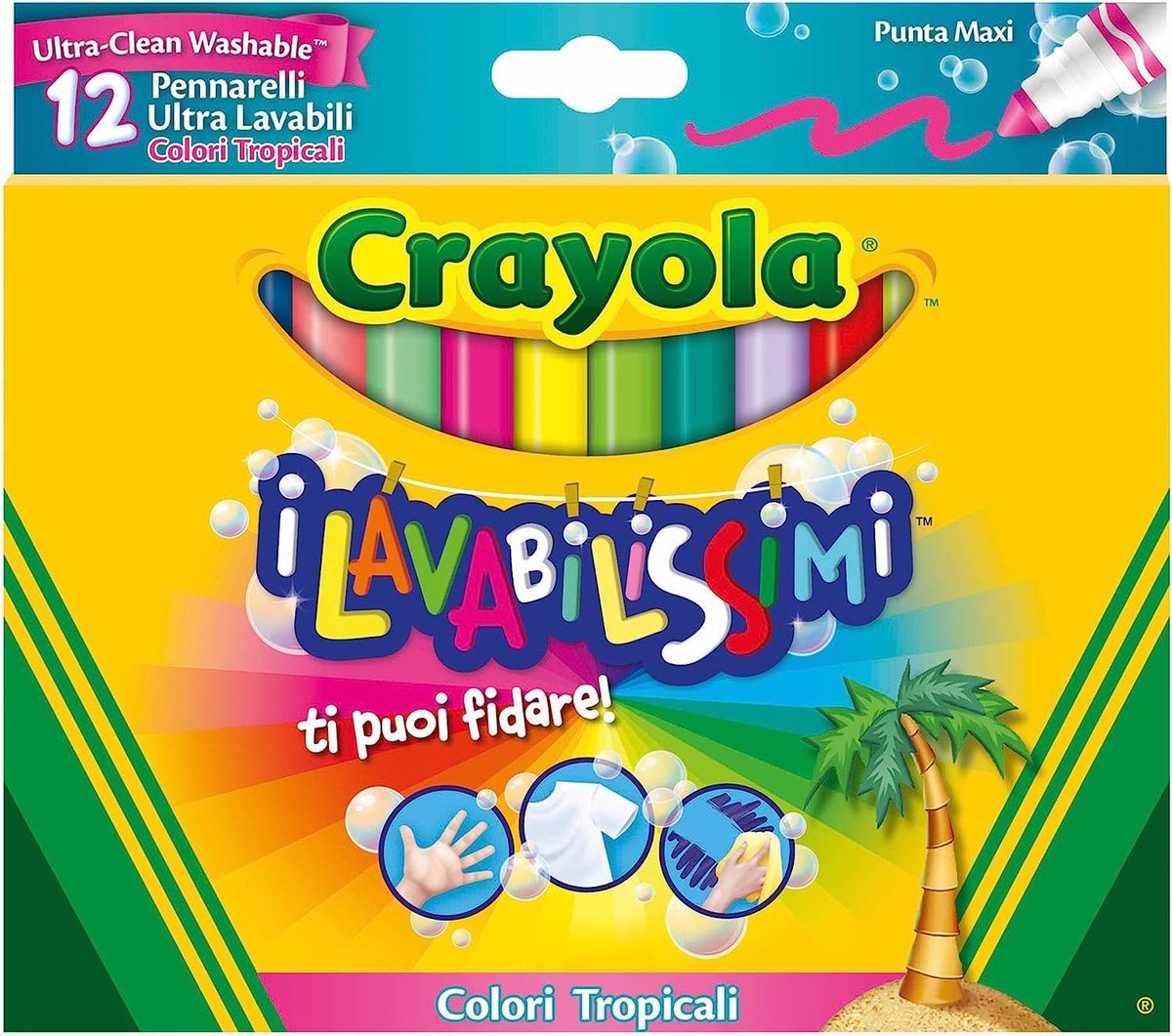 SnelShoppen - Ultra-Washable Markers, Maxi Point, Assorti Tropische Kleuren, 12 Stuks voor School, Creatieve Activiteiten en Vrije Tijd