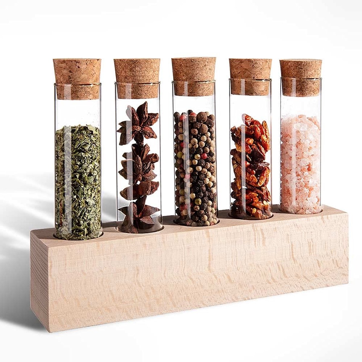 Inovra- Kruidenrek Houten - Reageerbuisjes met Kurk - Vaas 65 ml - Hoogwaardige Kwaliteit - Made in Germany - Duurzaam Product - Kruidenhouder