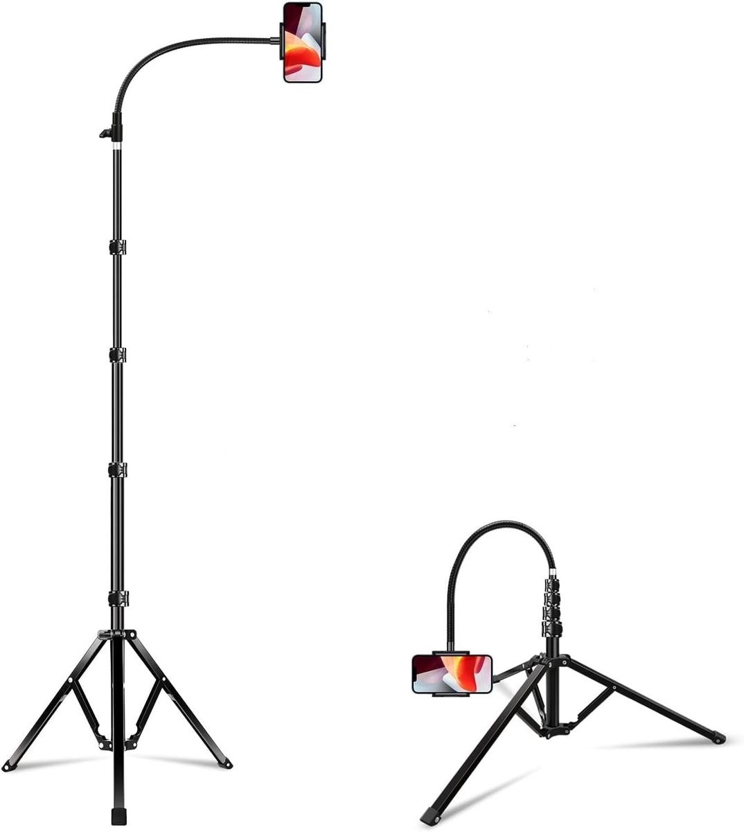 Thijox - 203cm Hoge Telefoon Statief - Heavy Duty Metalen iPhone Statief voor Filmen - Zwanenhals Bovenhoofd Statief met 360° Rotatie Telefoonhouder v
