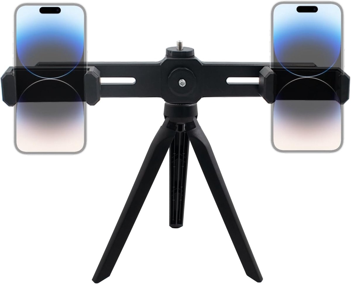 SnelShoppen - Mobile Phone Tripod met 360° Rotatable Dual Phone Holder - Flexibele Smartphone Houder voor Multitasking en Video Opnames - Compact en L