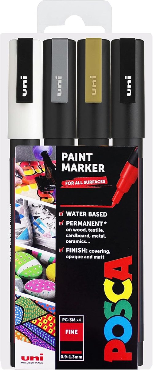 Thijox - Posca Permanente Verfstiften Set van 4 - Multisurface op Waterbasis - PC-3M, 0,9-1,3 mm - Zwart, Wit, Goud, Zilver - Perfect voor Creatief Ge