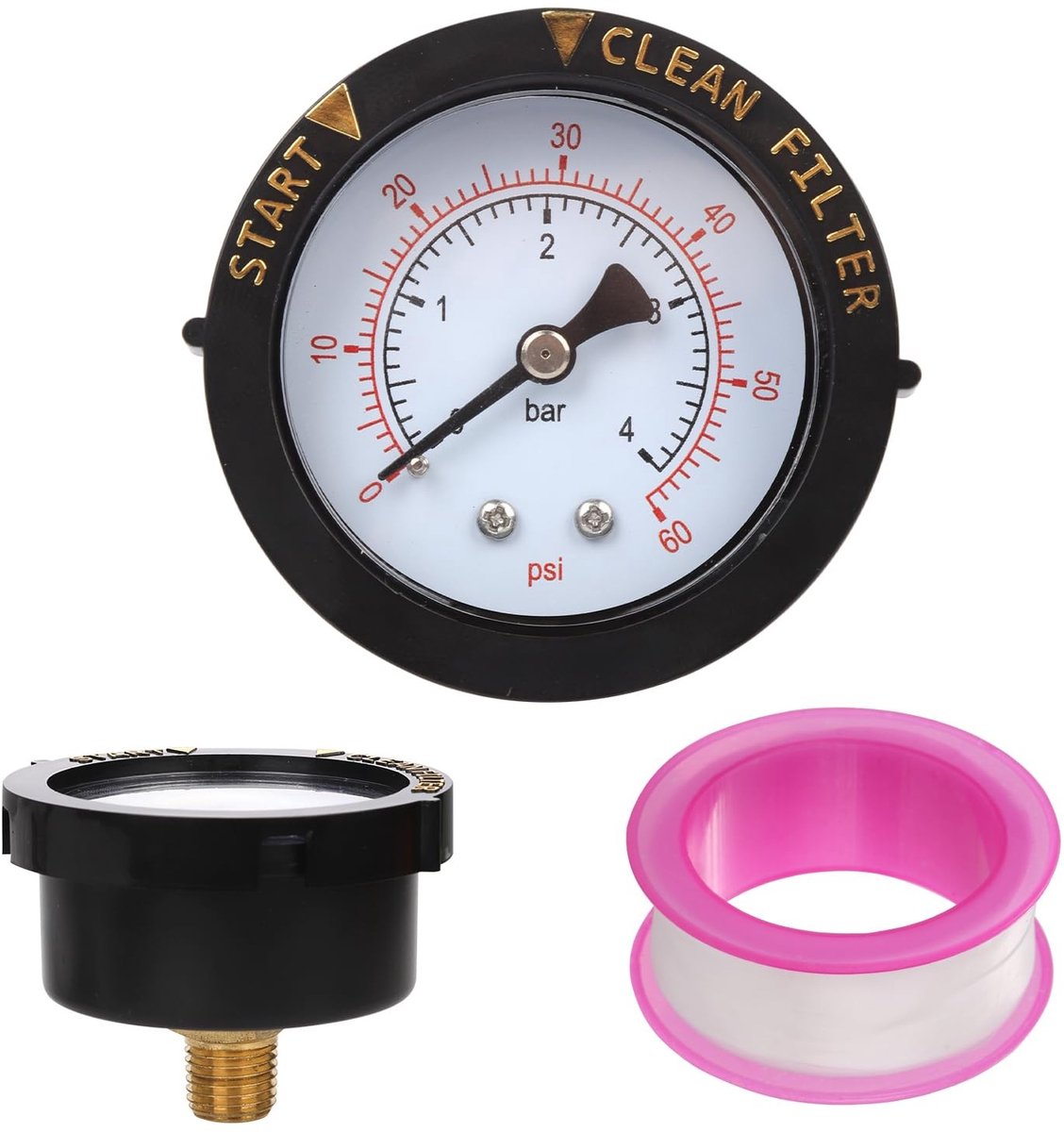 Drukmeter voor zwembadfilters 0-60 PSI met afdichtband, 1/4 NPT achtermontage, ideaal voor waterdrukmeting en onderhoud van zwembaden, spa's en aquaria