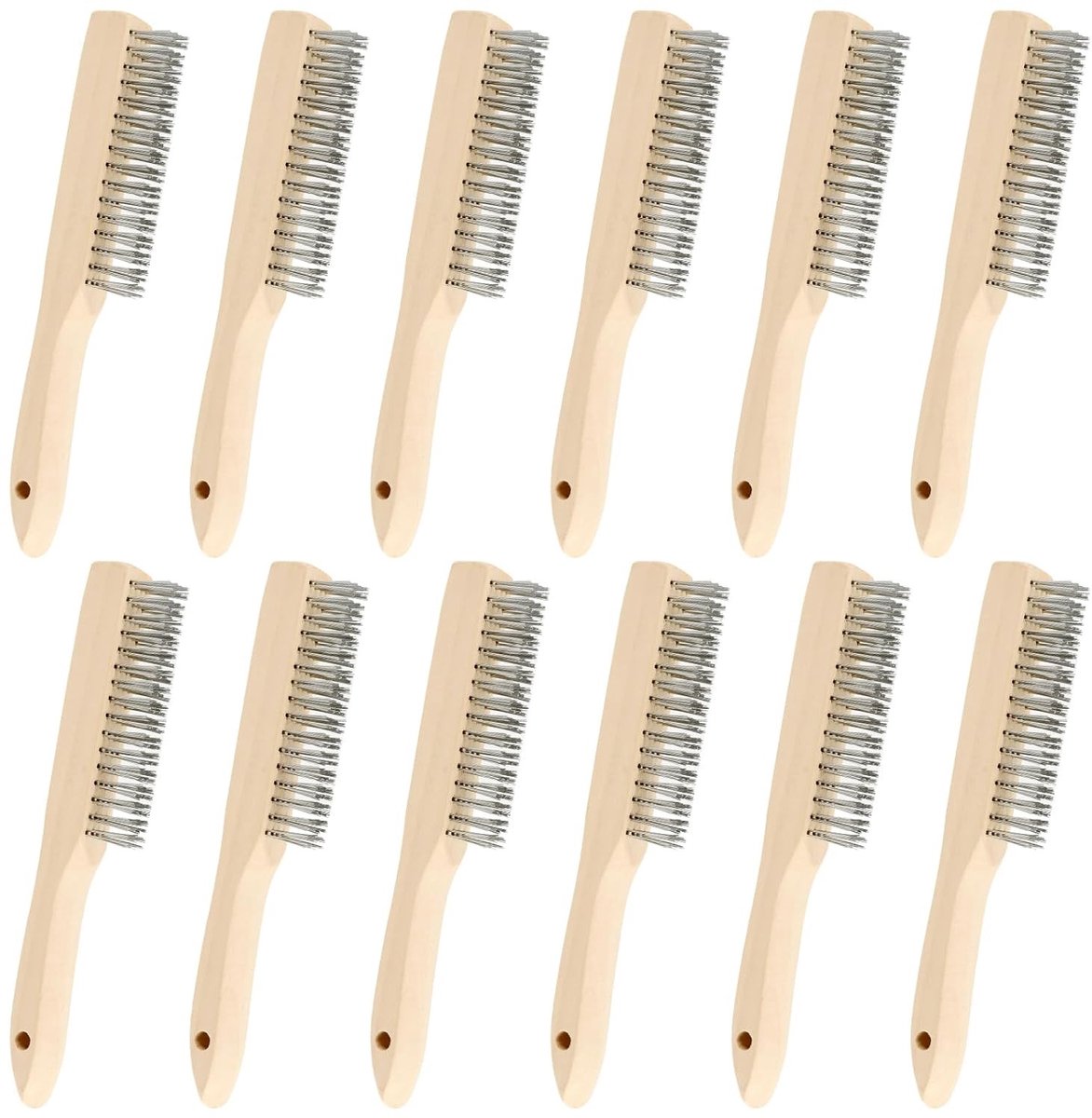 12-delige Draadborstel Set met Houten Handvat, 240mm Lange Borstels voor Metaal, Hout en Grillreiniging