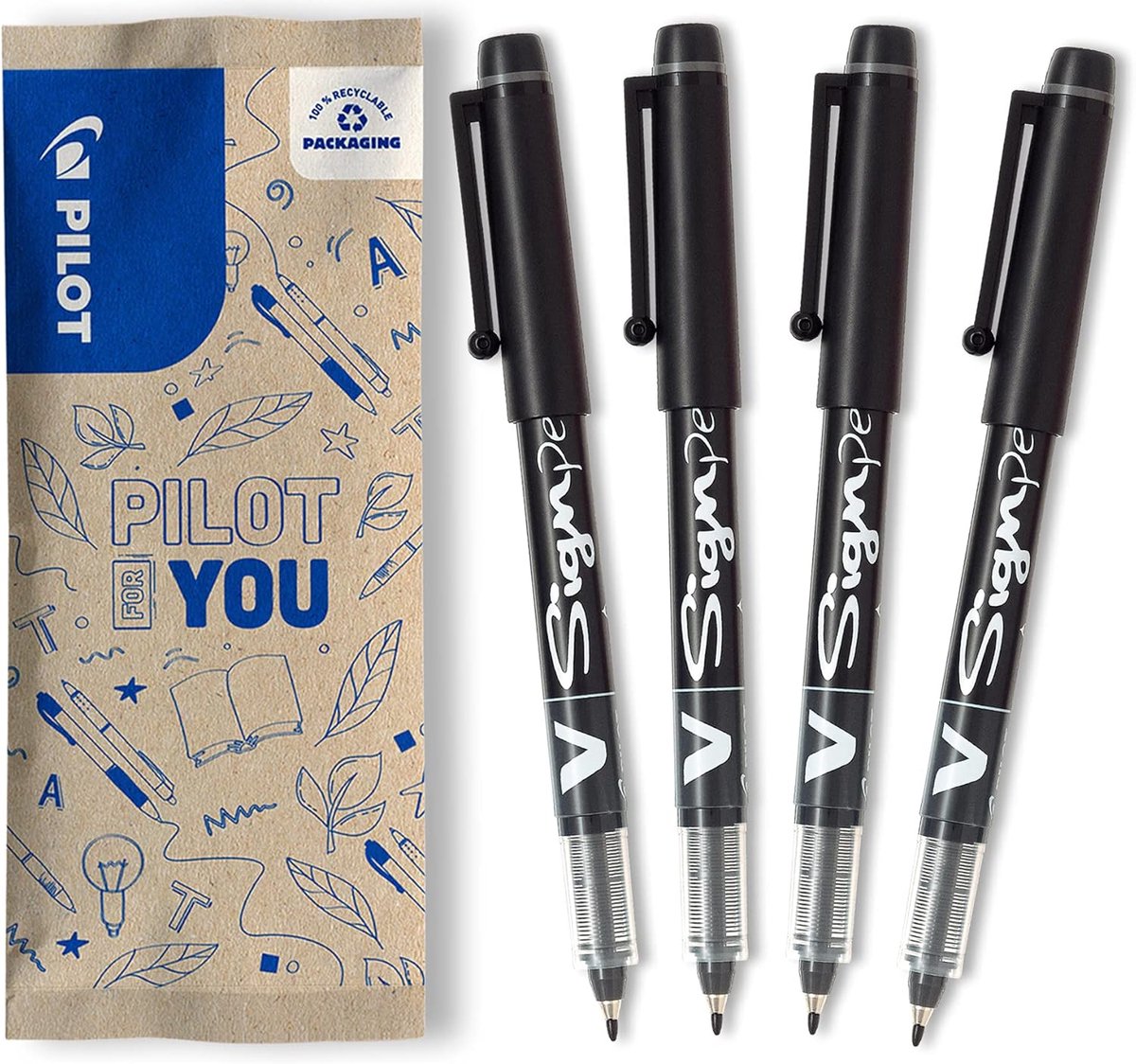 Thijox - Set van 4 Fineliners V-Sign Pennen met Vloeibare Inkt - Zwarte Medium Punt - Perfecte Vloeiende Lijn - Direct Droog - Voor Creatief Schrijven