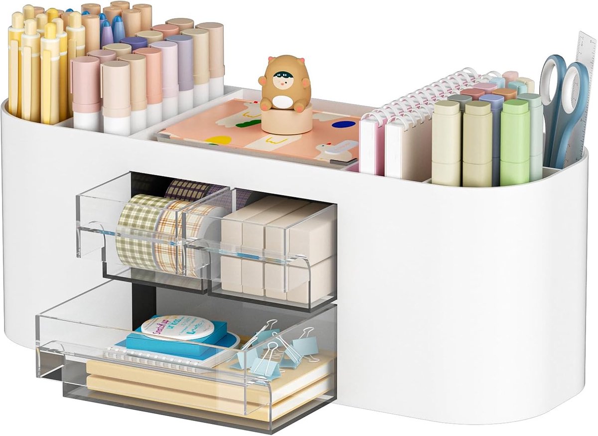 Thijox - Bureau Organizer met 3 Laden, Multifunctionele Pennenhouder, 7 Vakken voor Thuis, School, Klaslokaal, Wit, Kantooropbergsysteem