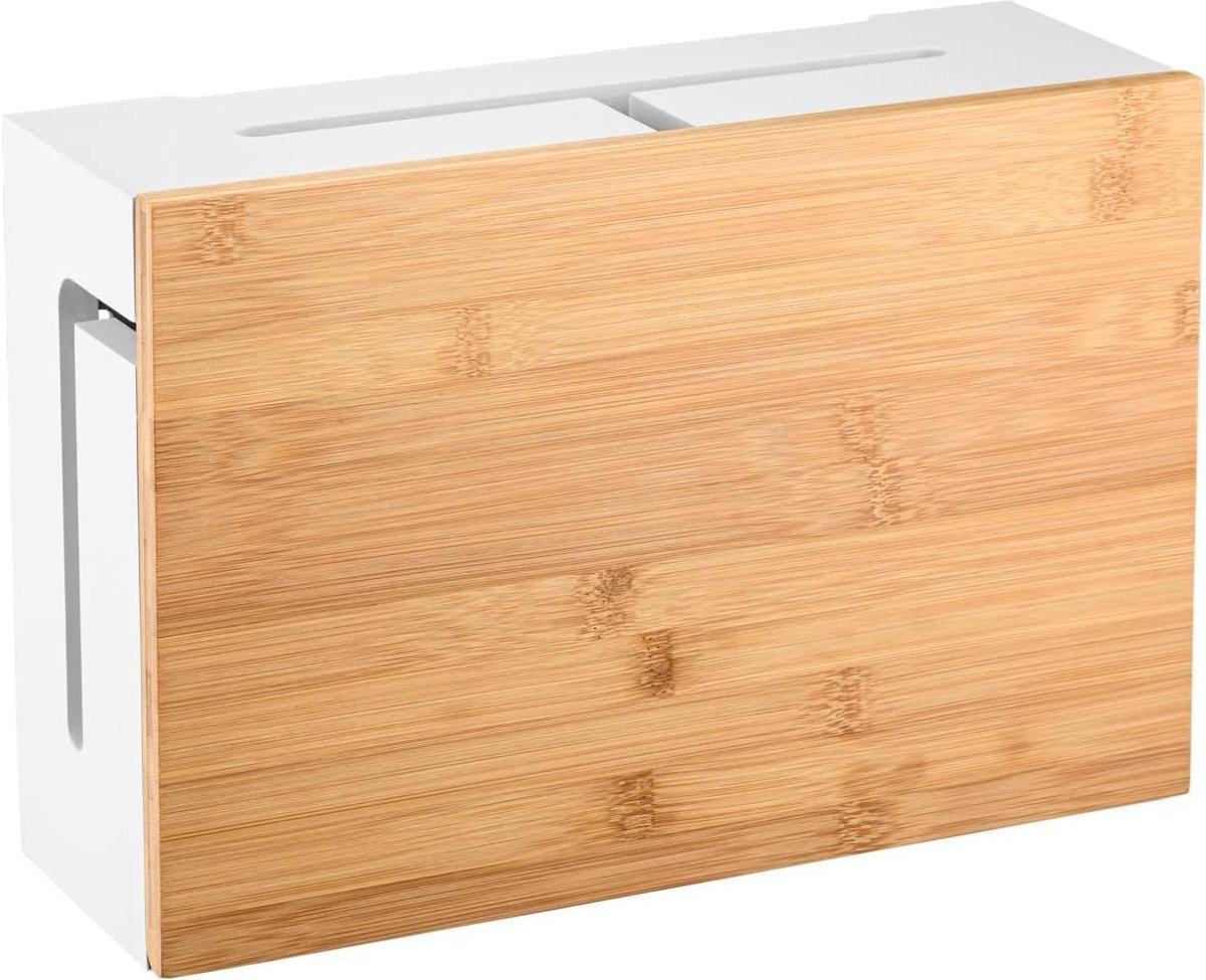 Thijox - Bamboe Kabelmanagement Box 32x20x11 cm - Magnetisch Deksel - Kabel Organizer met Wandmontage Set - Stijlvolle Kabelbox voor Bureau en TV - Wi