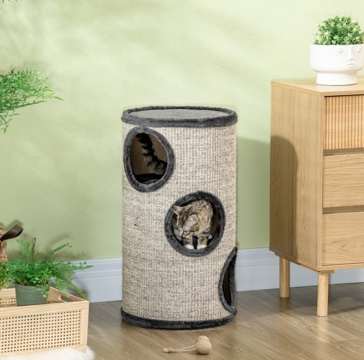 HAUSS SPOLE Krabton – 3 Niveaus – 38 x 38 x 70 cm – Sisal En Pluche – Lichtgrijs – Krabben, Klimmen En Rusten Binnen