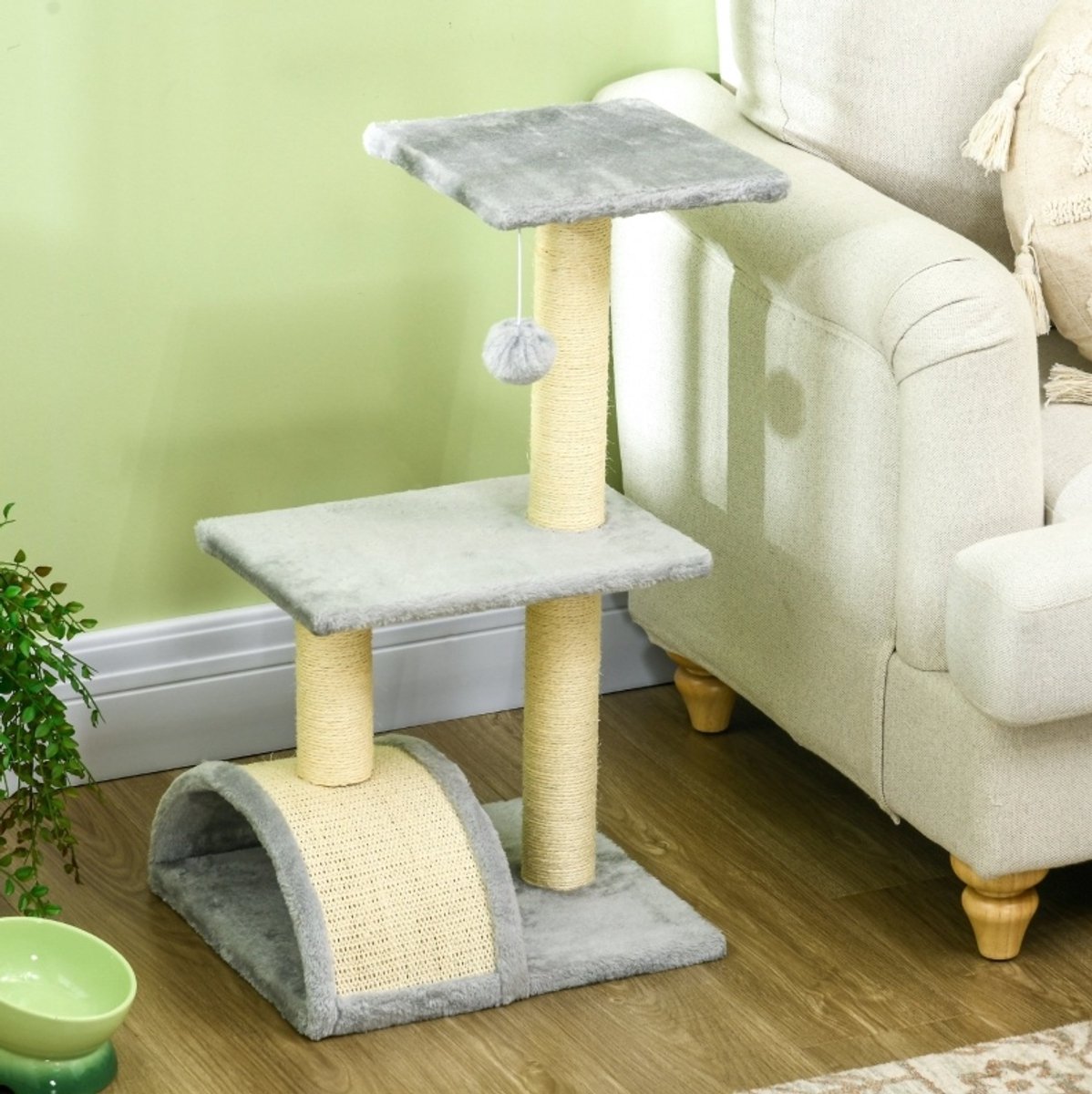 HAUSS SPOLE Krabpaal - Multifunctionele Kattenboom Met Sisal En Hangbal - 40 x 35 x 72 cm - Polyester - Lichtgrijs - Spelen En Rusten