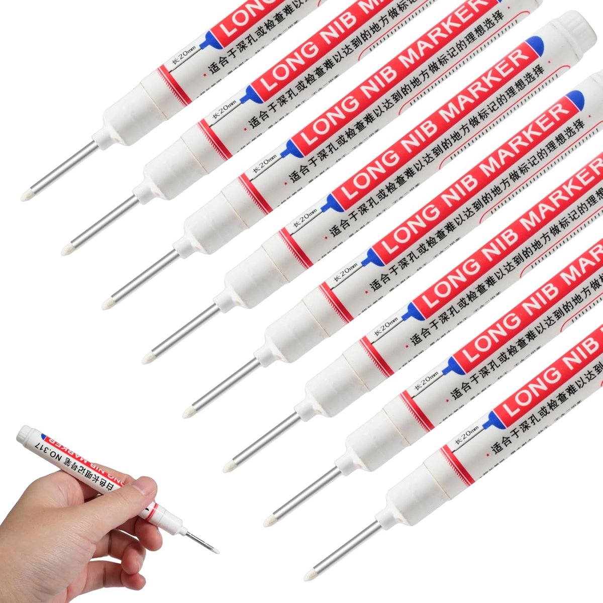 SnelShoppen - 8 Pcs Diepe Gat Marker Pennen - Waterproof Marker met 20mm Lange Punt voor Hout, Metaal, Plastic, Karton en Bouwplaats - Wit