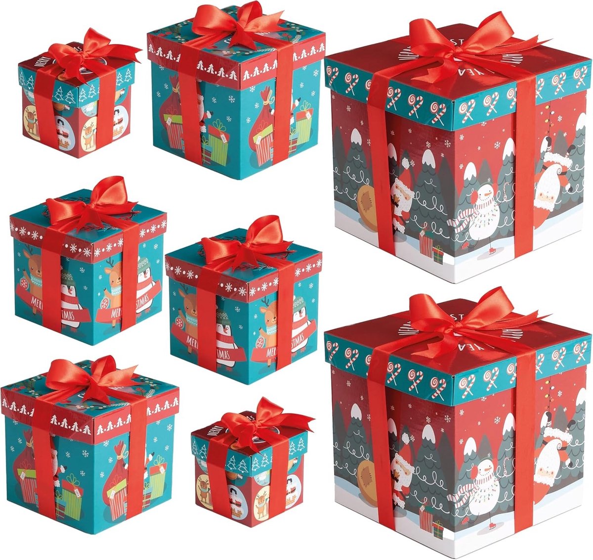 8 Kerst Cadeau Dozen met Linten - Herbruikbare Dozen in 4 Maten voor Diverse Gelegenheden