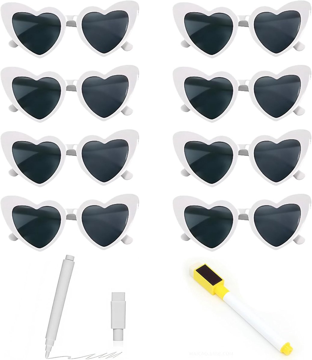 Thijox - 8 Paar Hartvormige Zonnebrillen - Wit met Marker - Perfect voor Bruiloften, Feestjes en Festivals - Personaliseerbare Accessoires - Lichtgewi