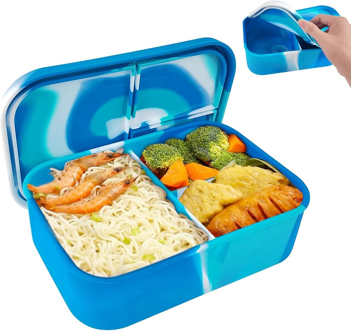 Thijox - Siliconen lunchbox 1200 ml voor kinderen, BPA-vrij bento box met vakken, blauw, ideaal voor school, picknick, meisjes en jongens