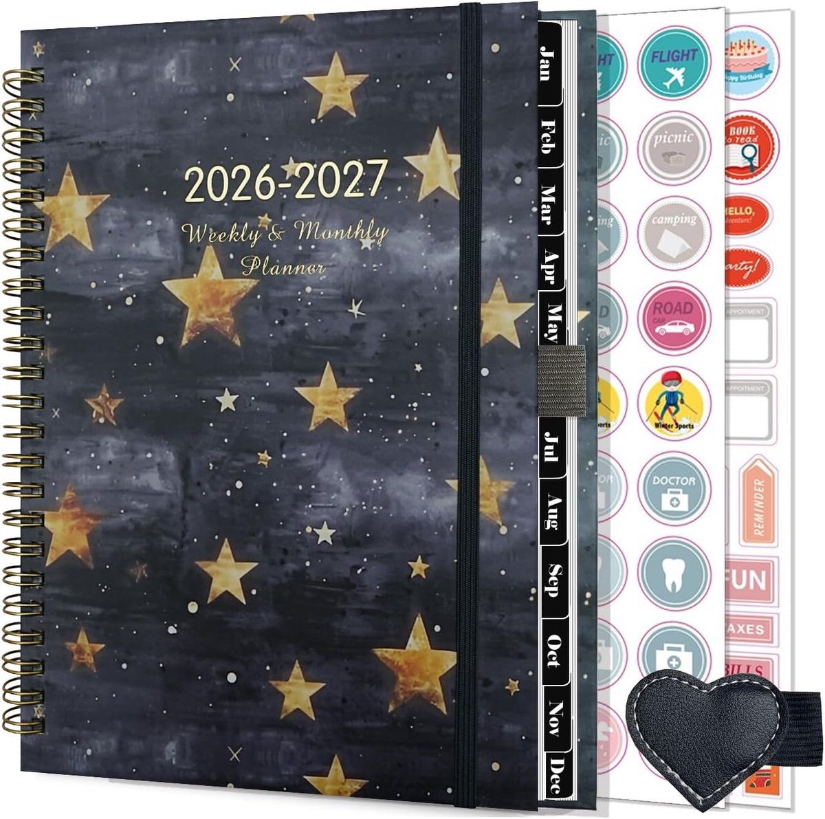 SnelShoppen - Weekkalender 2026 2027 A5 Spiraalbinding met Penlus en Planstickers - Schoolagenda Juli 2026 - Juni 2027 - Draagbare Planner in Zwart vo