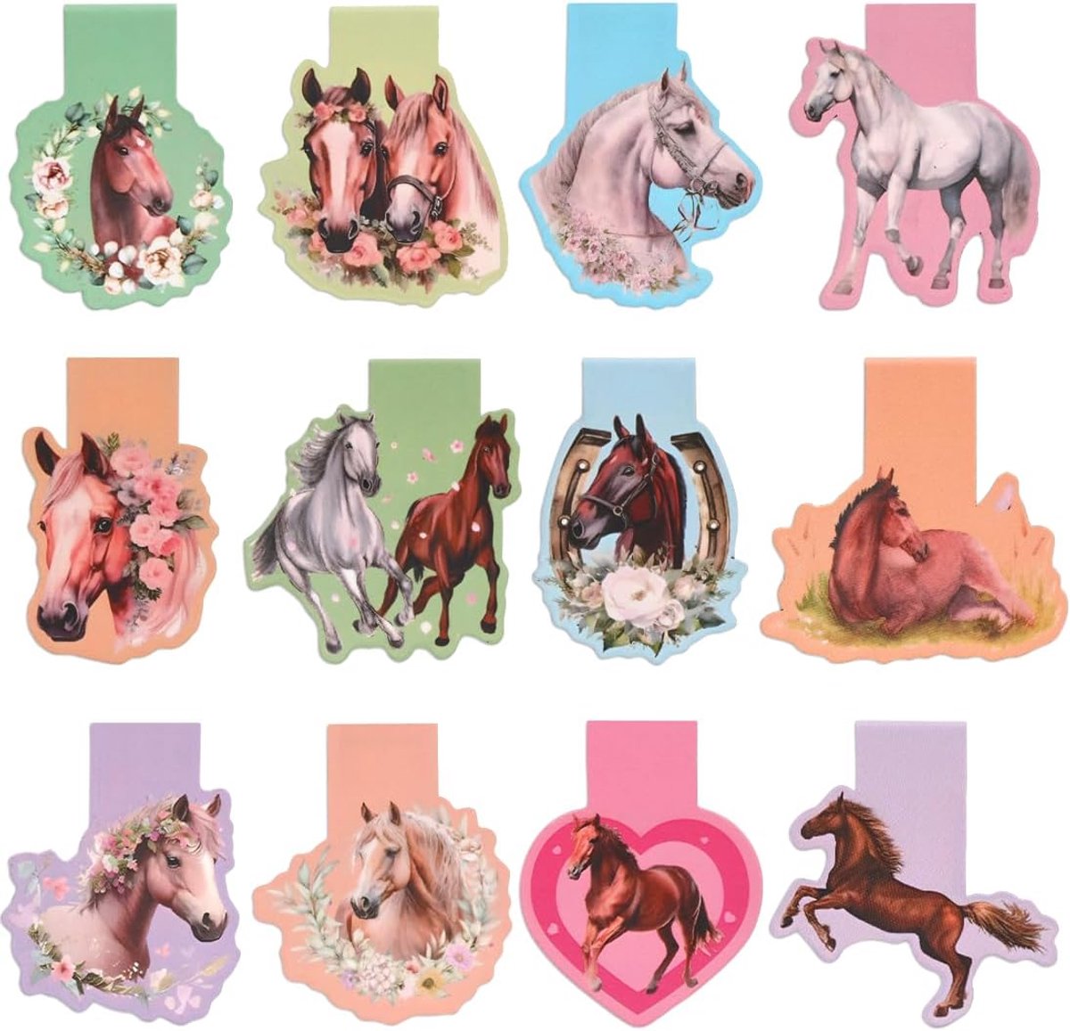 Thijox - 12 Magnetische Boekenleggers Paard - Kinderen - Paardenmotieven - Paardenmeisjescadeau - Leuke Boekenleggers voor Feestjes en School - Perfec