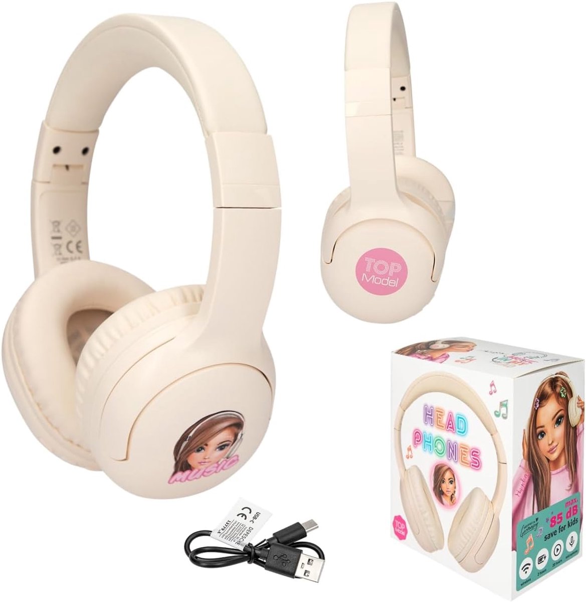Thijox - Draadloze Bluetooth Hoofdtelefoon Crème TOPModel - Draadloos, Incl. USB-C Oplaadkabel, 20 Uur Speeltijd, Voor Onderweg, Muziek, Mode, Kindere