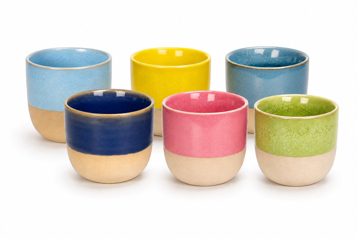 Proefer 6x Mixed Keramieken Koffiekopjes – 150ml - Steengoed Kopjes met Glazuur – Vaatwasser- & Magnetronbestendig – Moderne Koffie en Thee Kopjes