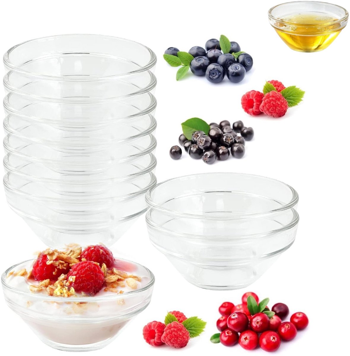 10 stuks - Doorzichtige glazen kom - Doorzichtige saladekom - Kruidenkom van 6 cm - Stapelbare serveerschaal - IJskom van 45 ml - Hapjesschaal - Sauskommetje - Geschikt voor barbecue, thuis, feestjes, picknicks en bijeenkomsten