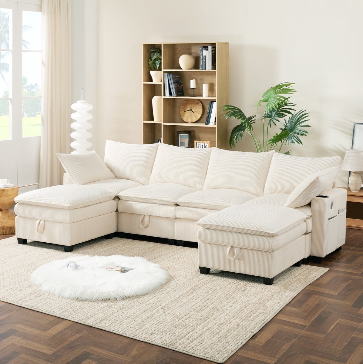 MIVRAY Hoekbank 280 x 152 cm - Modulair Met USB, Opbergruimte En Bekerhouders - Voor Woonkamer En Appartement - Corduroy Beige