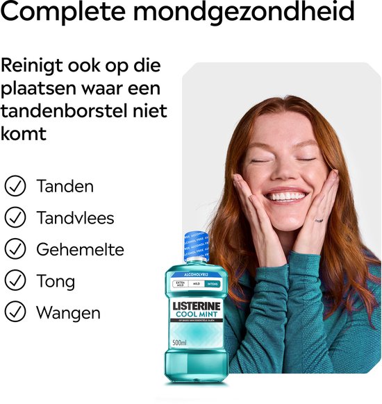 Listerine Cool Mint 500 ml mondspoeling voor complete mondgezondheid, naast een lachende vrouw.