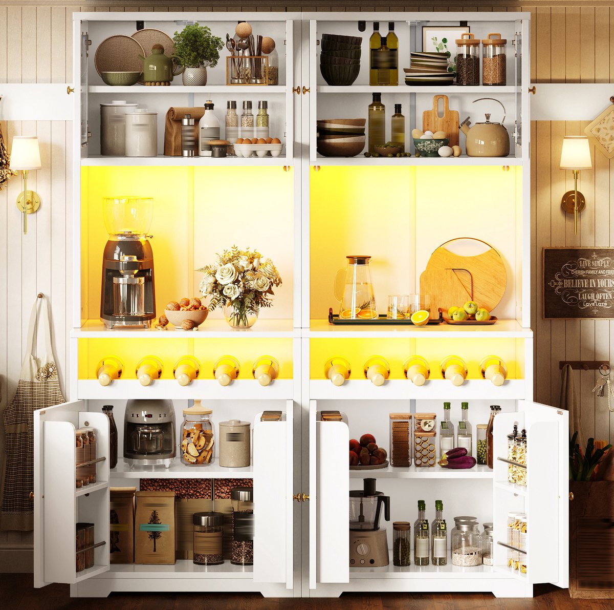 OKWISH Buffetkast Set Van 2 – Hoge Opbergkast Met App RGB Led En Glazen Deuren – Keuken Of Eetkamer – MDF Wit – 140 x 38,3 x 180 cm
