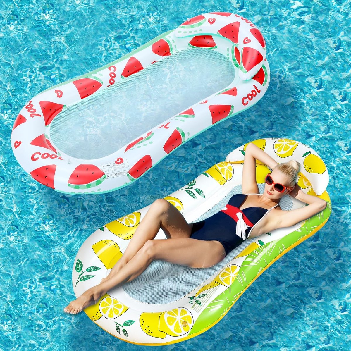 LISM-Set van 2 opblaasbare zwembadmatten met hoofdsteunen, 150 x 79 cm, ligstoel voor volwassenen om te zonnebaden, verkoelende waterhangmat, speelgoed voor zomerse zwembad-, meer- en strandfeesten